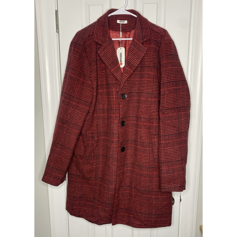 Coofandy Men's Long 3 Button Plaid‎ Coat Red Size XL New